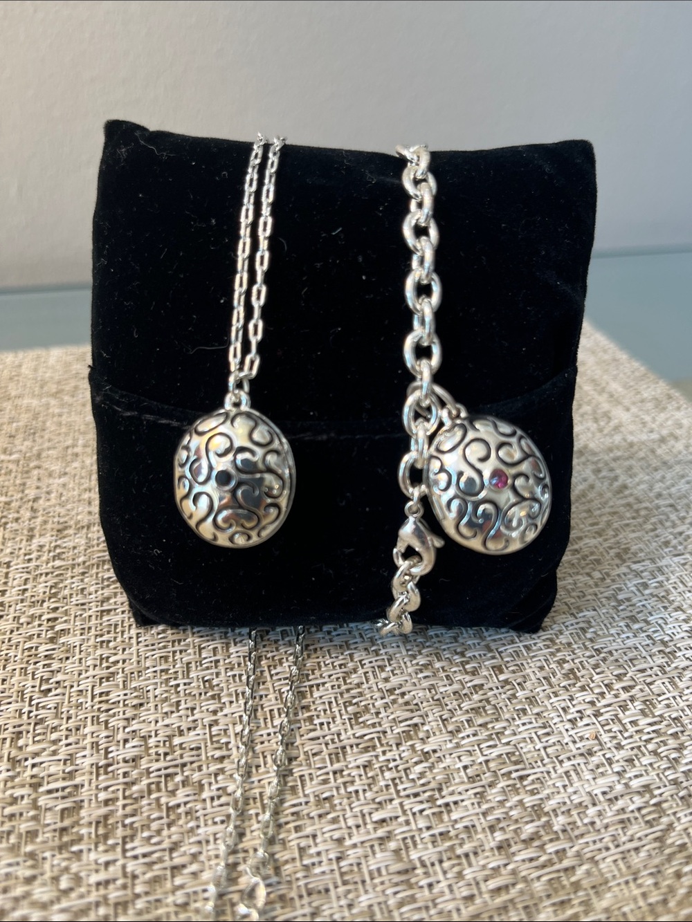 Matching Locket Filigree Necklace & Bracelet Set - Garnet & Black Accents - Picture 9 of 14